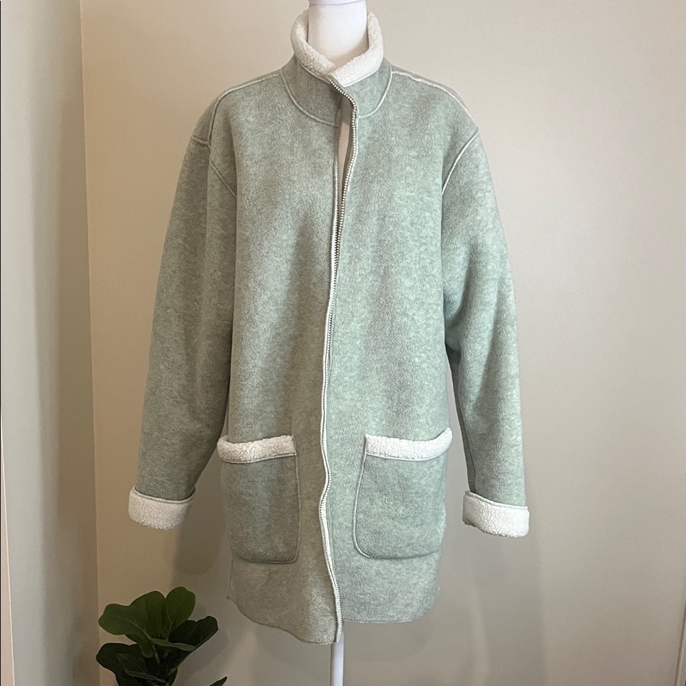 Women’s Cozy Mint Green Teddy Jacket with White Accents Size L